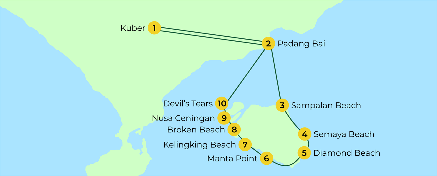 Route map: Kuber across to Nusa Penida and Nusa Ceningan and back