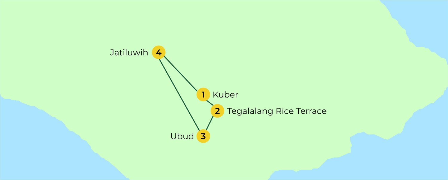 Route map: Kuber to Tegalalang, Ubud and Jatiluwih, returning to Kuber