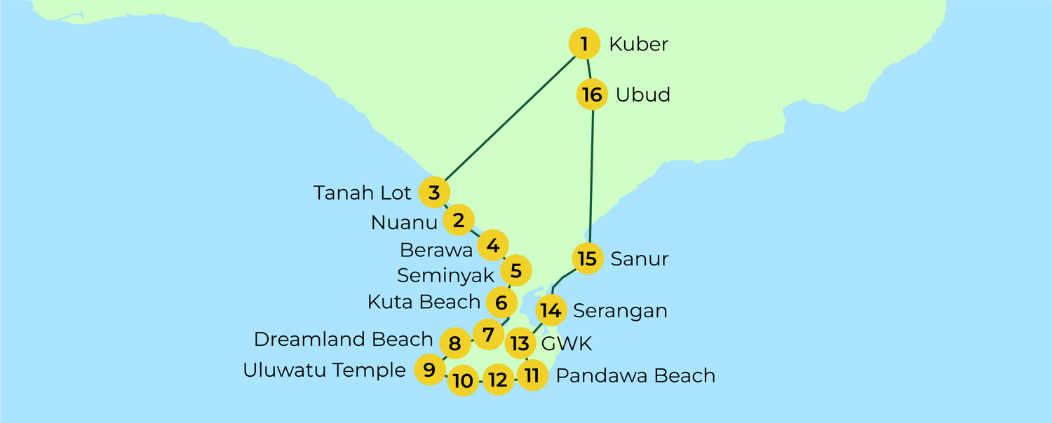 Route map: Kuber down the west coast to Uluwatu and the Bukit, back via Sanur and Ubud